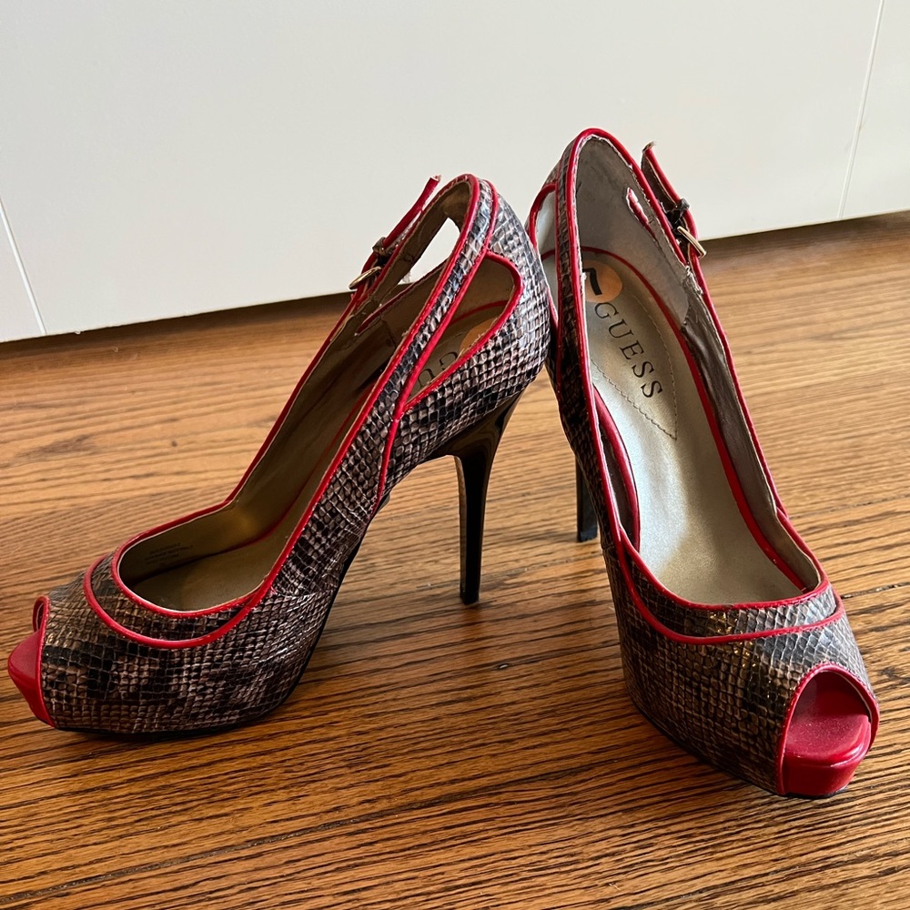 Guess Snakeskin + Red High Heels